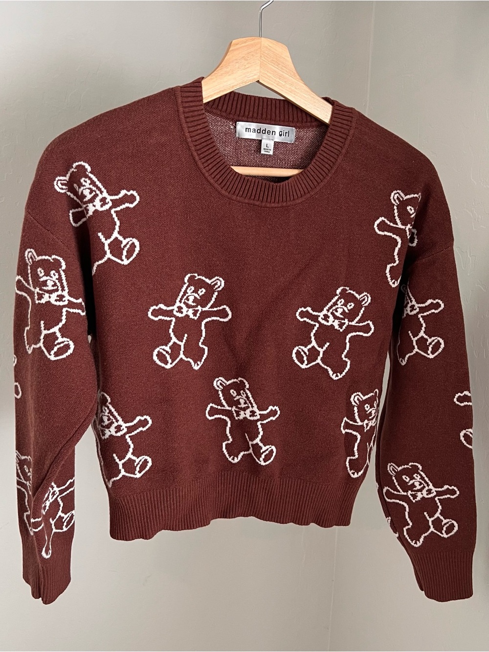 Madden Girl Women's L Chocolate Brown Crewneck Sweater White Dancing Teddy
